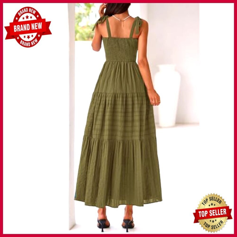 Boho Maxi Dress Sleeveless Smocked A-Line Casual Sundress with Pockets - Picture 3 of 7